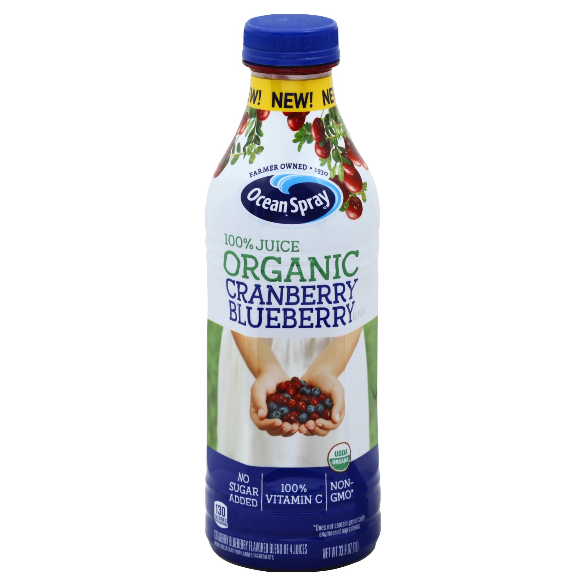 slide 1 of 1, Ocean Spray 100% Juice Organic Cranberry Blueberry, 33.8 fl oz