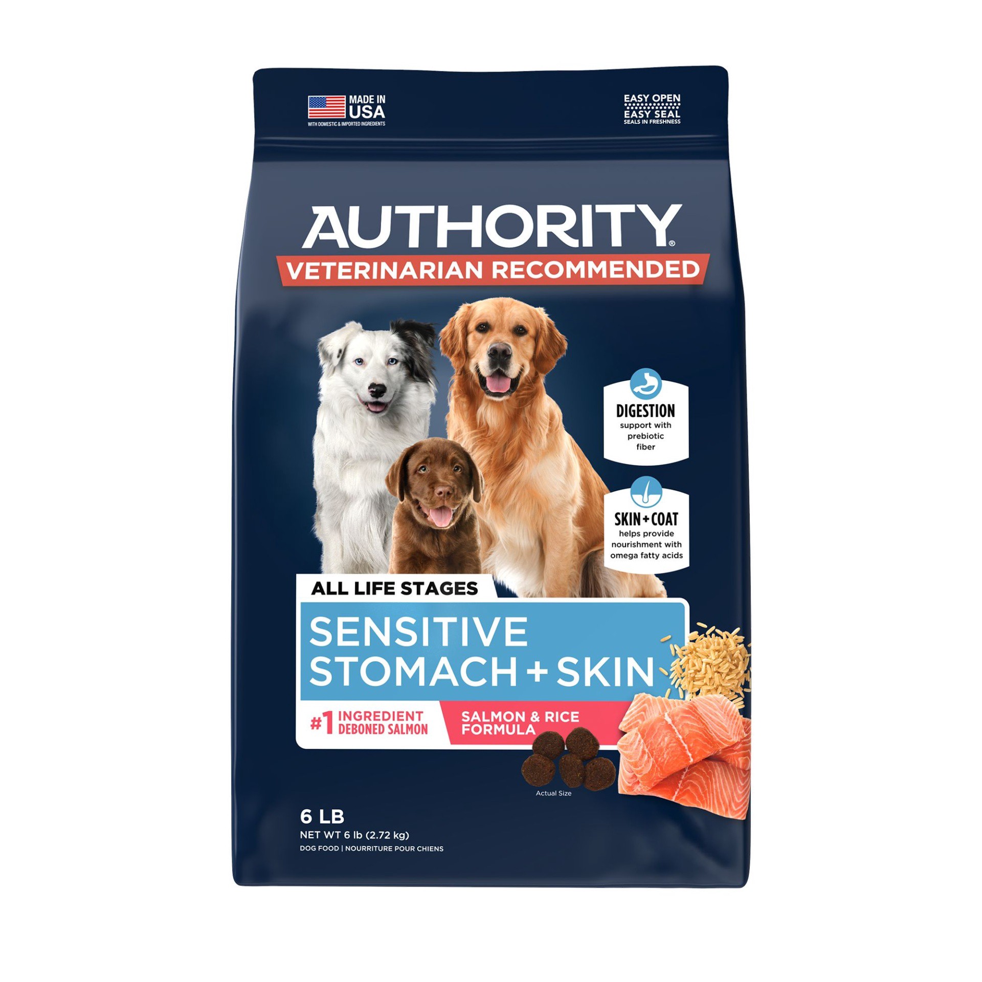 slide 1 of 1, Authority Sensitive Stomach & Skin All Life Stage Dry Dog Food - Salmon, 6 lb