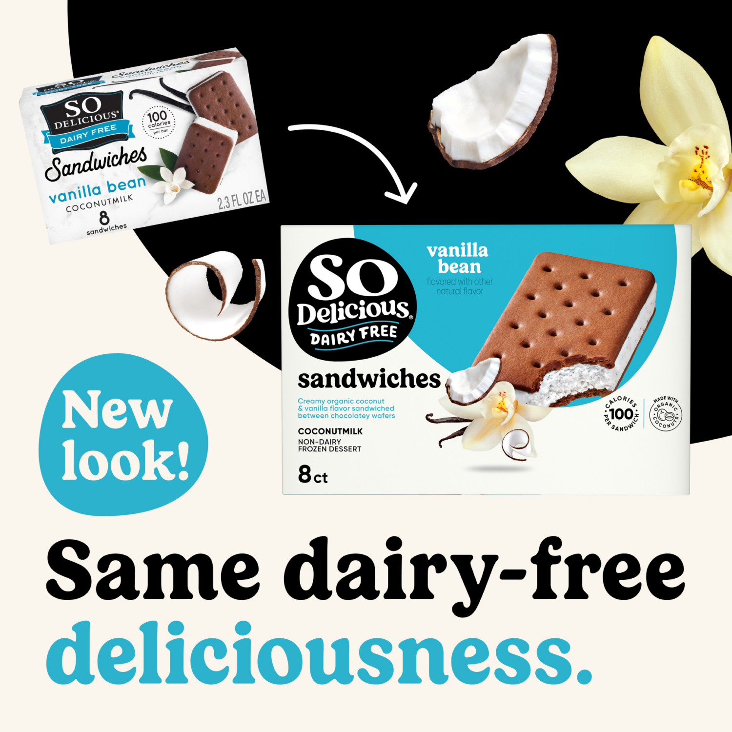 slide 3 of 8, So Delicious Coconut Milk Frozen Dessert Sandwiches, Vanilla Bean, Dairy Free, Vegan, Non-GMO, Kosher, 8 Count Pack, 8 ct