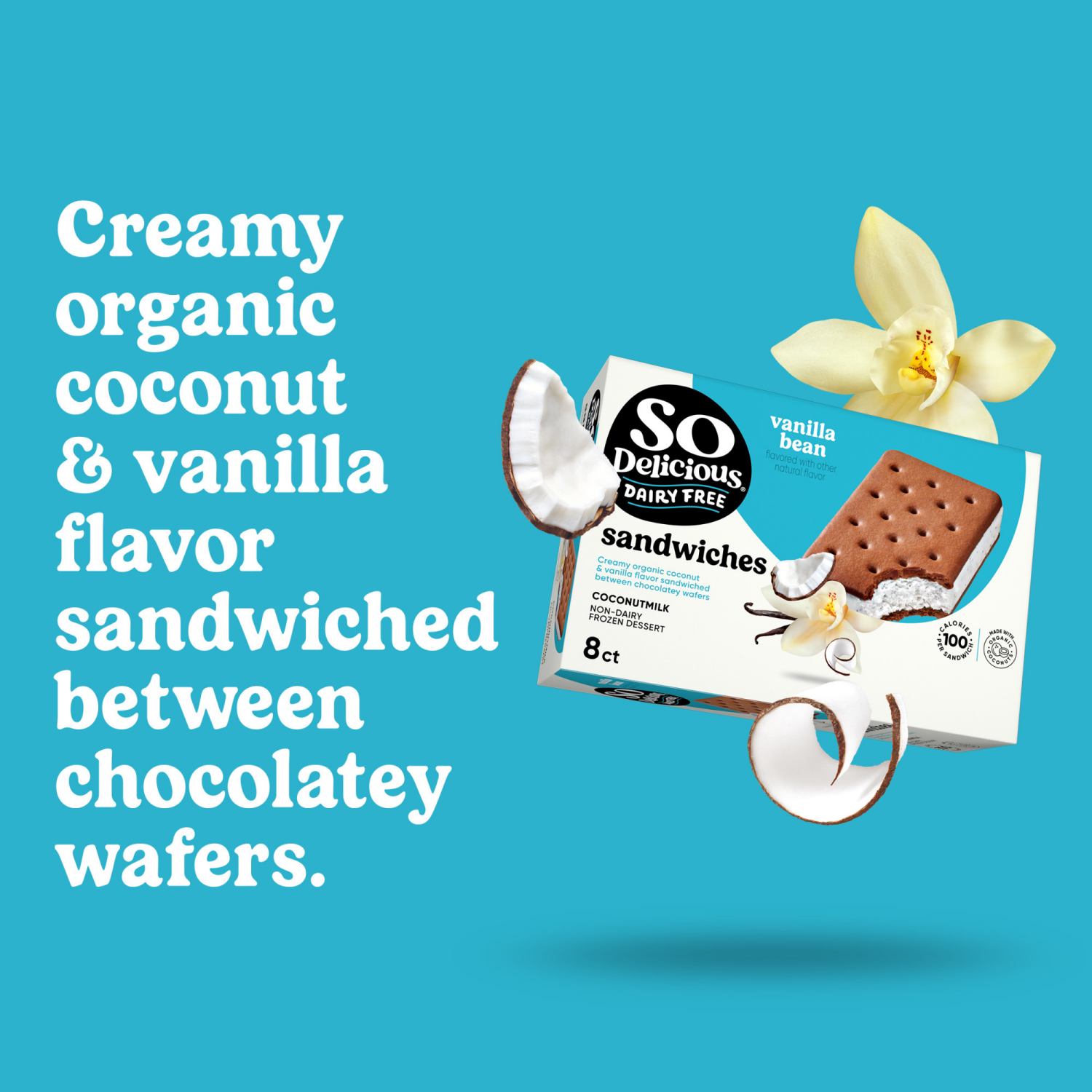 slide 5 of 8, So Delicious Coconut Milk Frozen Dessert Sandwiches, Vanilla Bean, Dairy Free, Vegan, Non-GMO, Kosher, 8 Count Pack, 8 ct