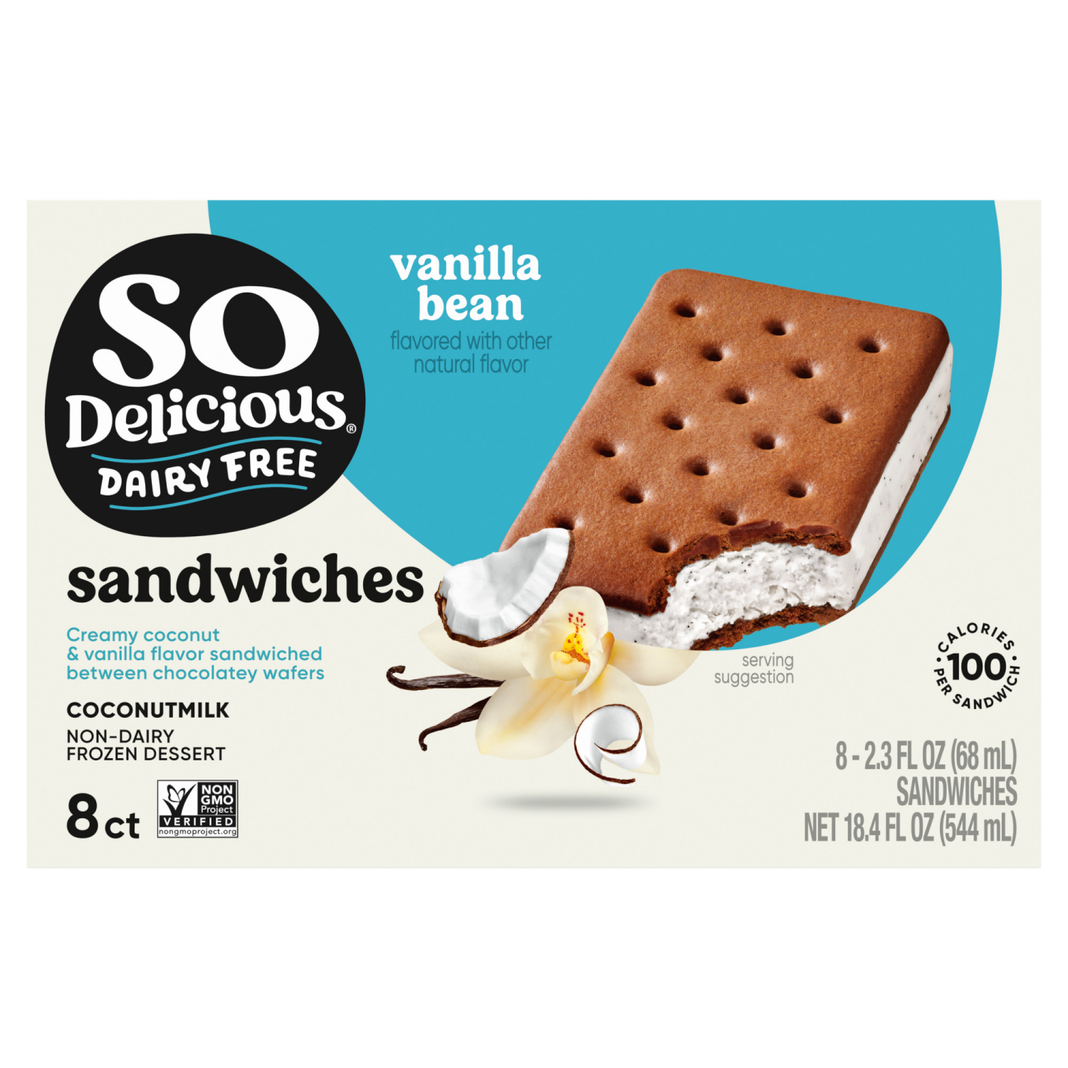 slide 1 of 8, So Delicious Coconut Milk Frozen Dessert Sandwiches, Vanilla Bean, Dairy Free, Vegan, Non-GMO, Kosher, 8 Count Pack, 8 ct