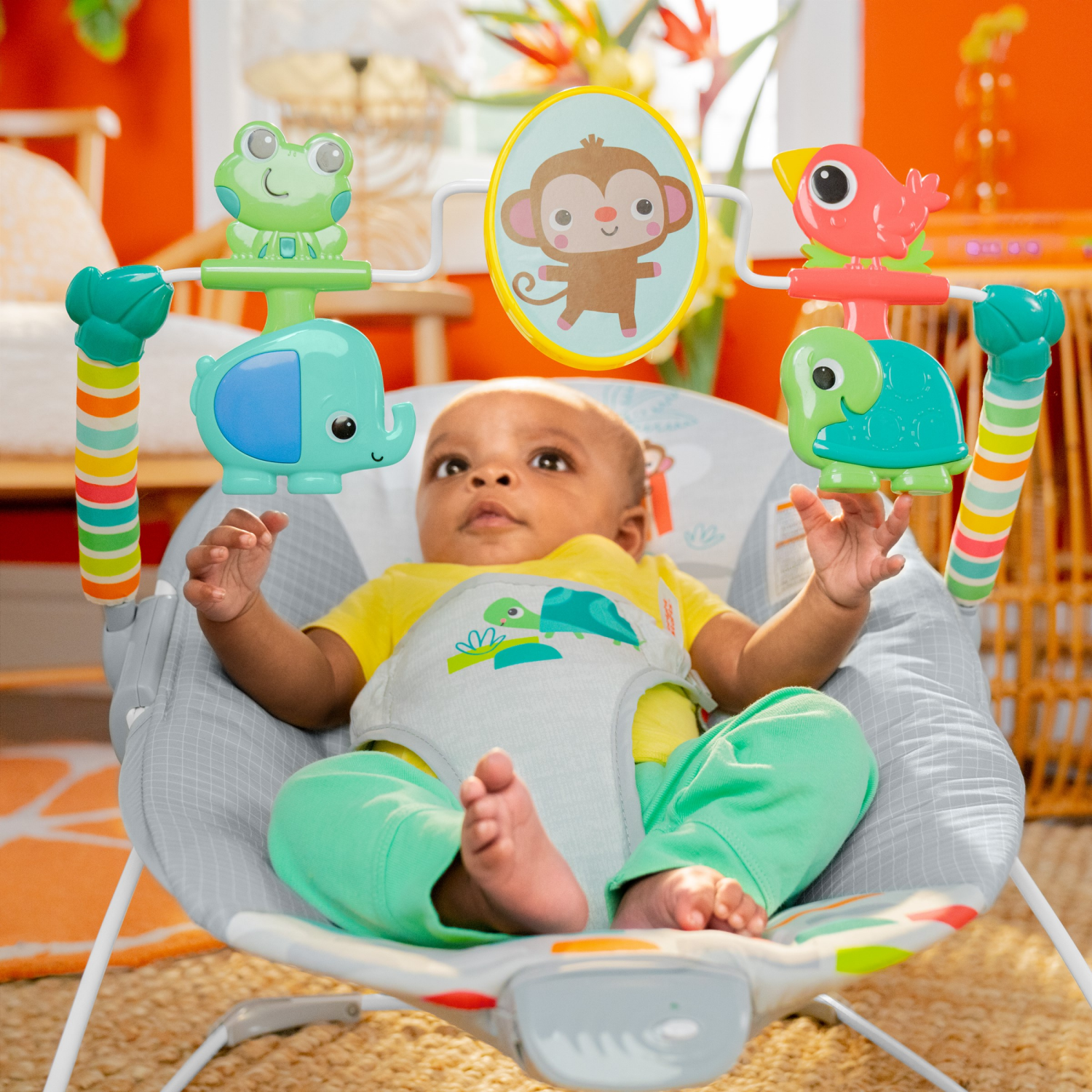 slide 2 of 3, Bright Starts Playful Paradise Vibrating Baby Bouncer with Toys, 1 ct