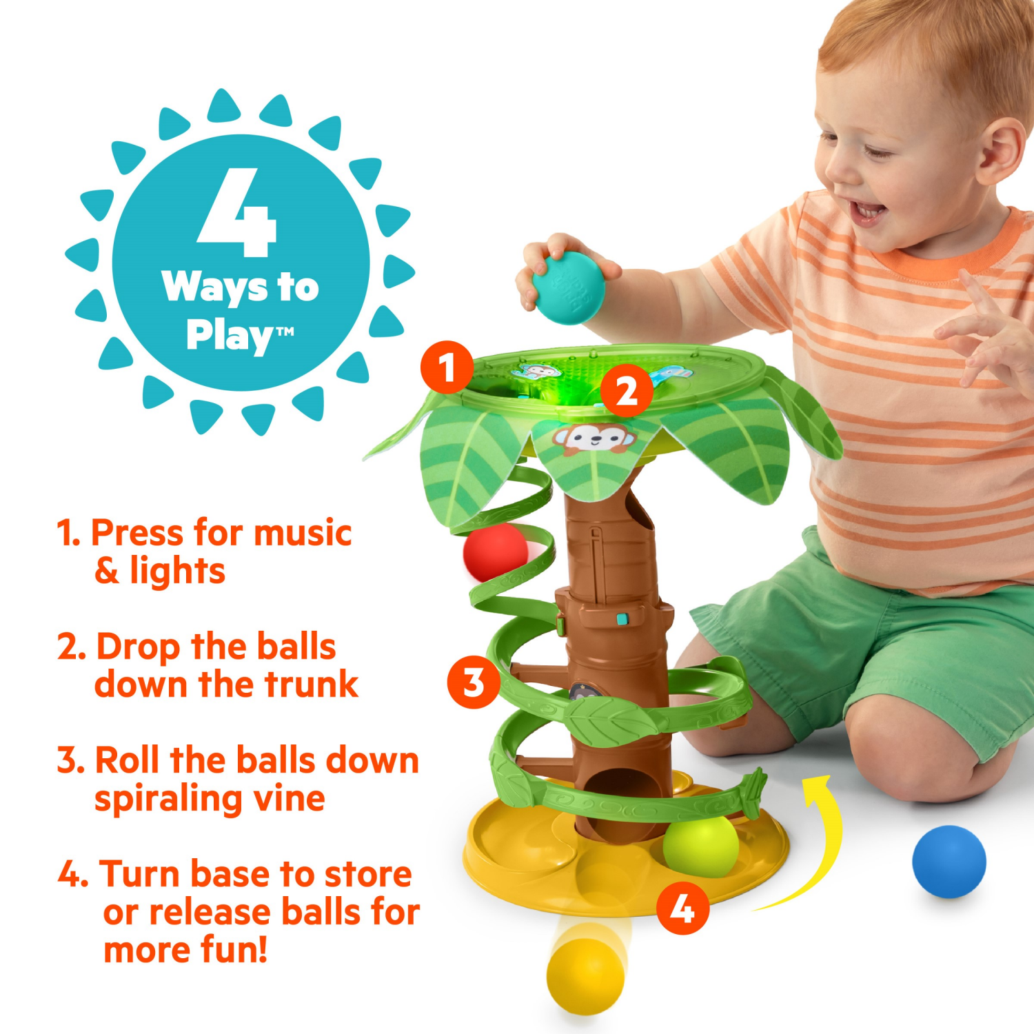 slide 2 of 5, Bright Starts Tropical Twirl Ball Play Toy with Lights & Music, 5 Balls Included, Unisex, 6 Months+., 1 ct