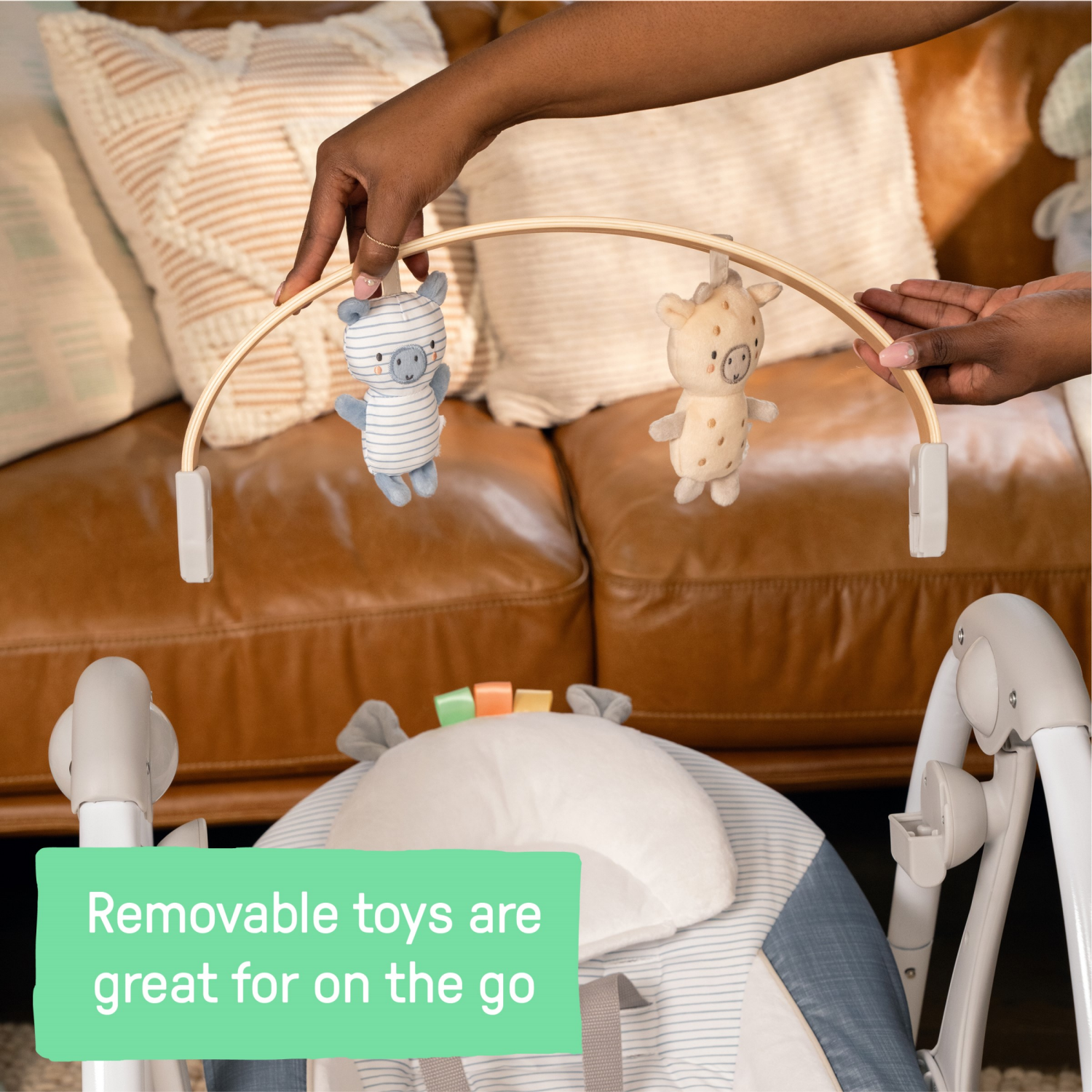 slide 4 of 5, Ingenuity Swing n Go Portable Swing, Removable Toy Bar, 6-Speed - Chambray, 1 ct