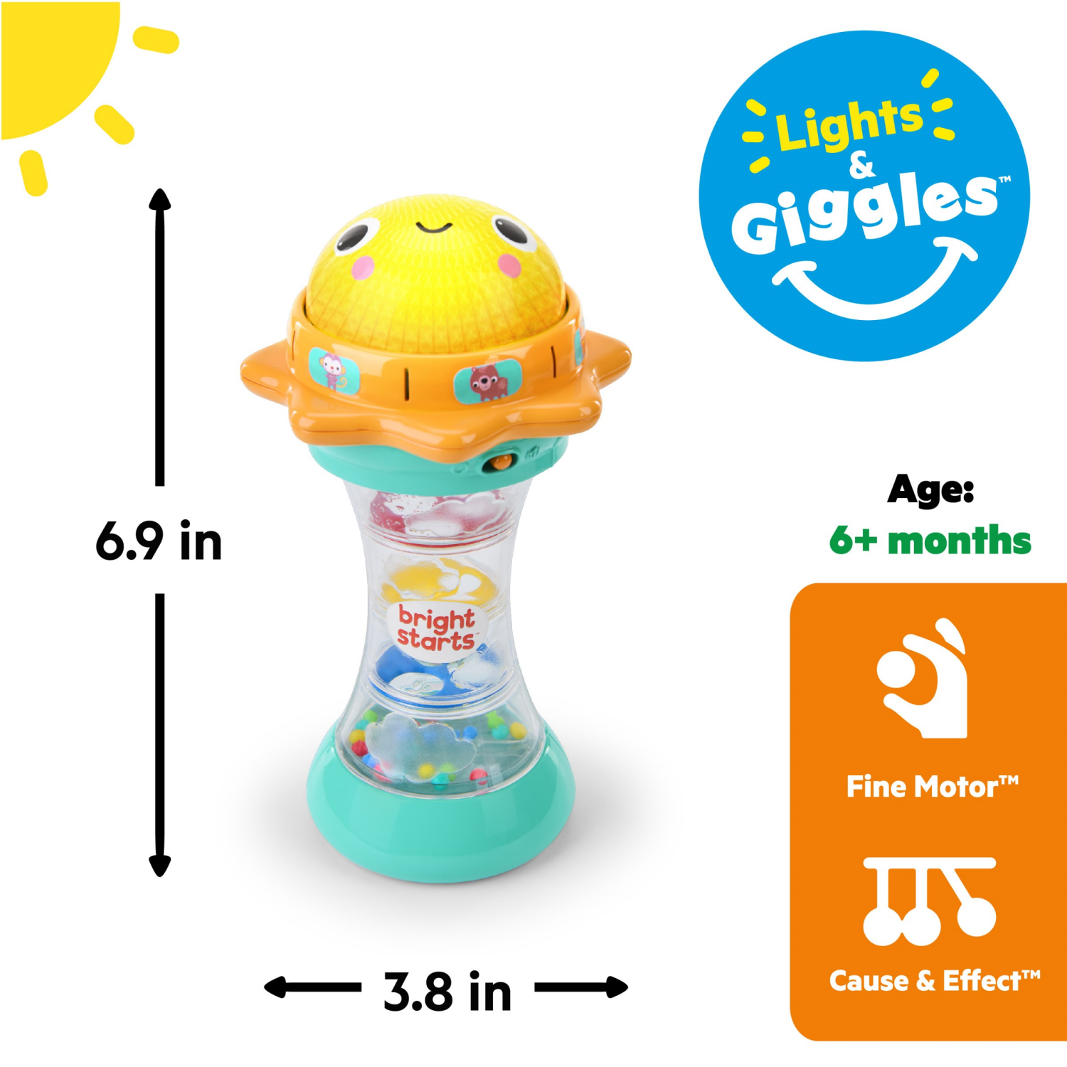 slide 4 of 4, Bright Starts Just for SunFlashlightToy with Animal Sounds, Rain stick Rattle Beads and Mirror, Unisex Toy for Ages 6 Months+, 1 ct