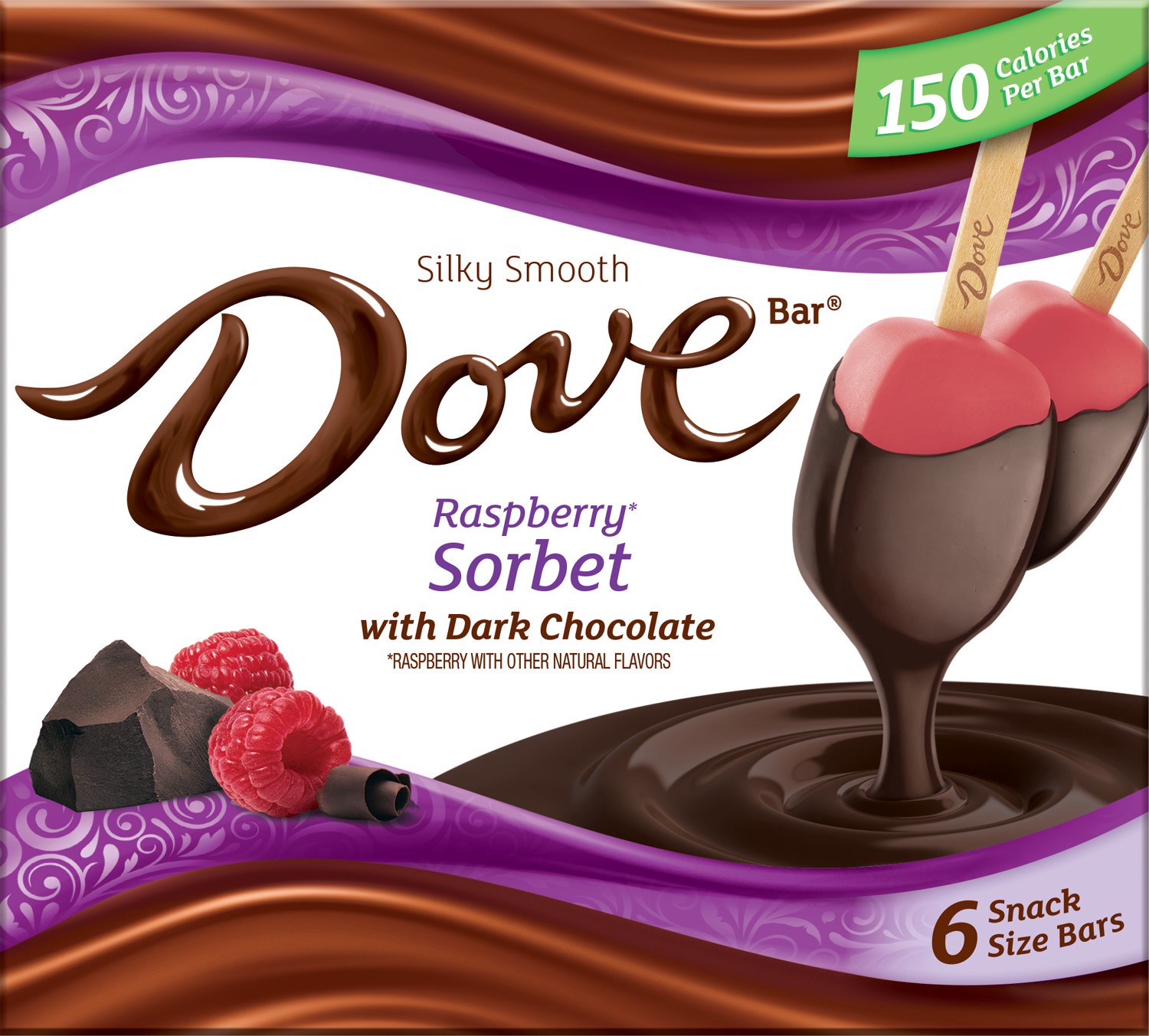 slide 1 of 4, DOVE Raspberry Sorbet Ice Cream Bars Coated With Dark Chocolate, 6 Pack Box, 12.60 fl oz