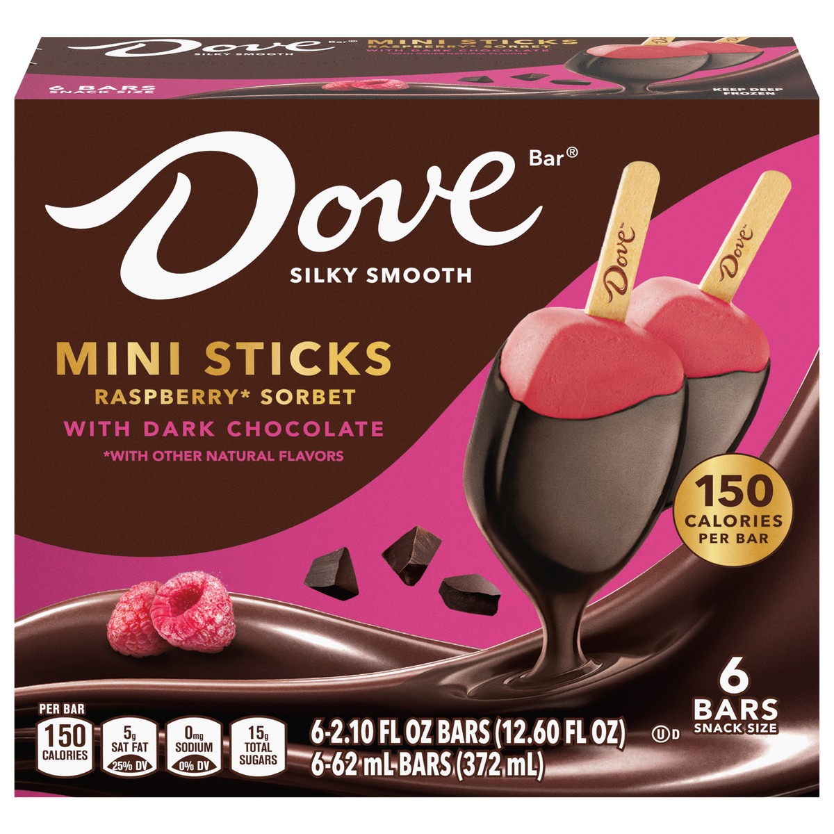 slide 1 of 4, DOVE Raspberry Sorbet Ice Cream Bars Coated With Dark Chocolate, 6 Pack Box, 12.60 fl oz