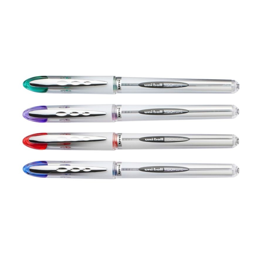 slide 6 of 6, uni-ball Vision Elite Liquid Ink Rollerball Pens, Bold Point, 0.8 Mm, White Barrel, Assorted Ink Colors, Pack Of 4, 4 ct