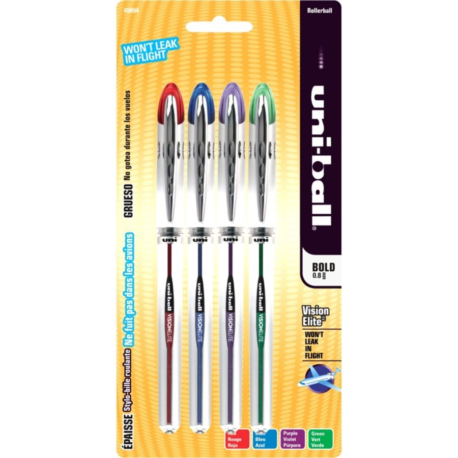 slide 5 of 6, uni-ball Vision Elite Liquid Ink Rollerball Pens, Bold Point, 0.8 Mm, White Barrel, Assorted Ink Colors, Pack Of 4, 4 ct