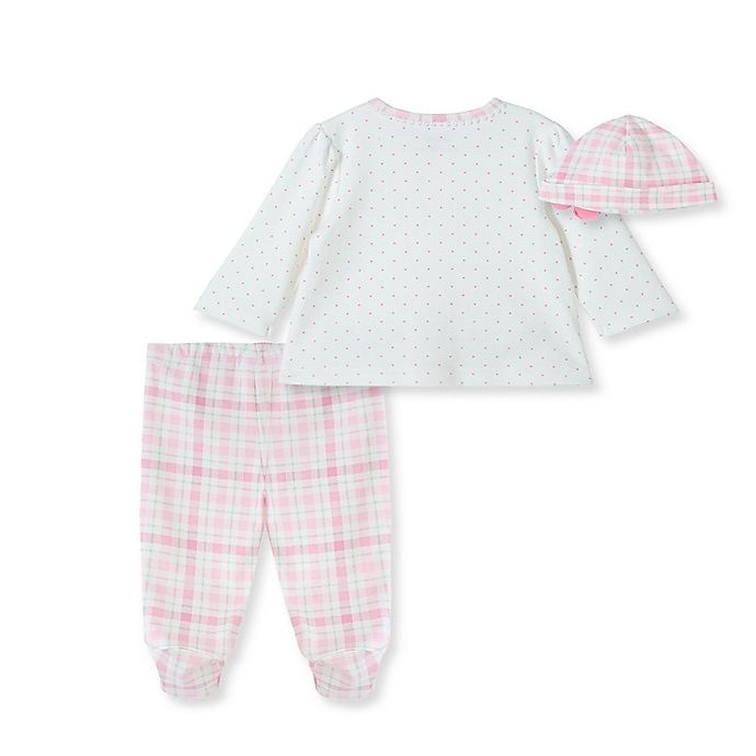 slide 2 of 5, Little Me Newborn Garden Plaid Cardigan, Pant, and Hat Set - Pink, 3 ct