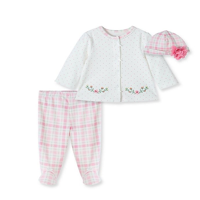 slide 1 of 5, Little Me Newborn Garden Plaid Cardigan, Pant, and Hat Set - Pink, 3 ct