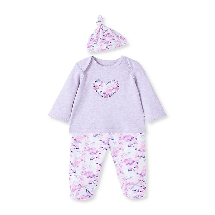 slide 3 of 5, Little Me Newborn Lavender Hearts Shirt, Footed Pant, and Hat Set - Pink, 3 ct