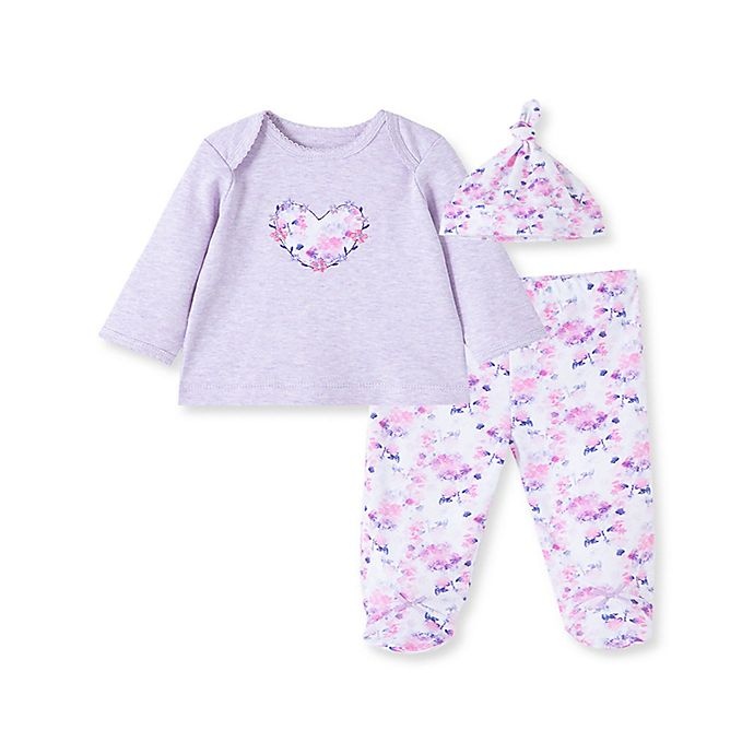 slide 1 of 5, Little Me Newborn Lavender Hearts Shirt, Footed Pant, and Hat Set - Pink, 3 ct