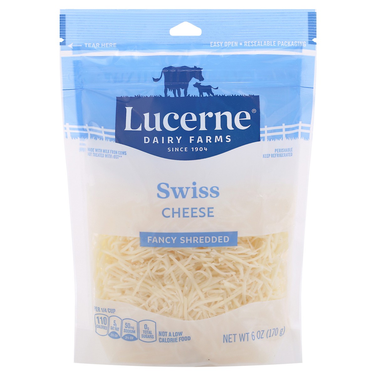 slide 2 of 13, Lucerne Dairy Farms Swiss Fancy Shredded Cheese 6 oz Pouch, 6 oz