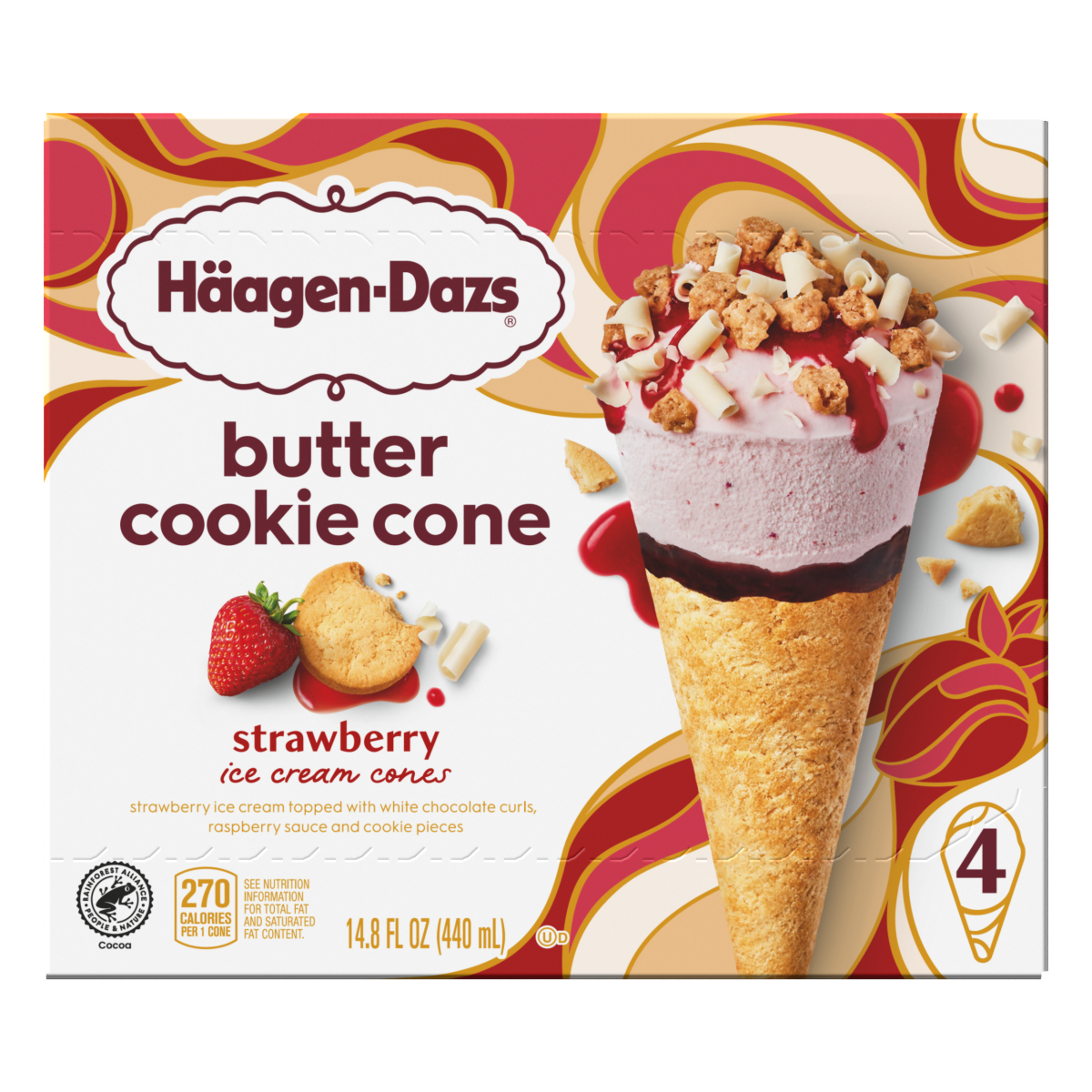 slide 1 of 3, Häagen-Dazs Butter Cookie Cone Strawberry Ice Cream 4 ea, 4 ct