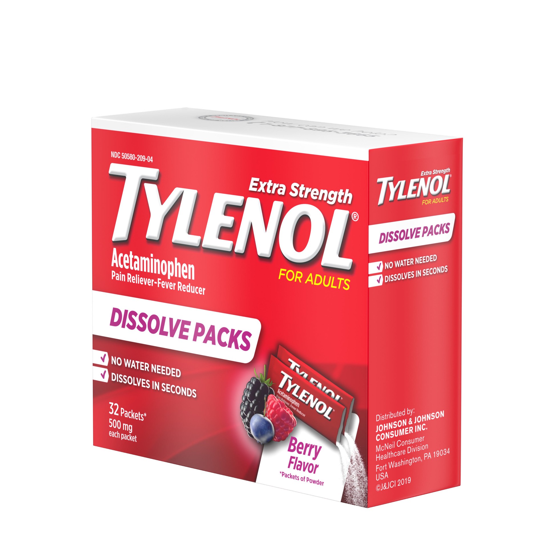 slide 9 of 9, Tylenol Extra Strength Dissolve Packs, 500 mg Acetaminophen Pain Reliever & Fever Reducer, On-the-Go Powder Packets for Minor Aches & Pains, Ibuprofen- & Aspirin-Free, Berry Flavor, 32 ct, 32 ct