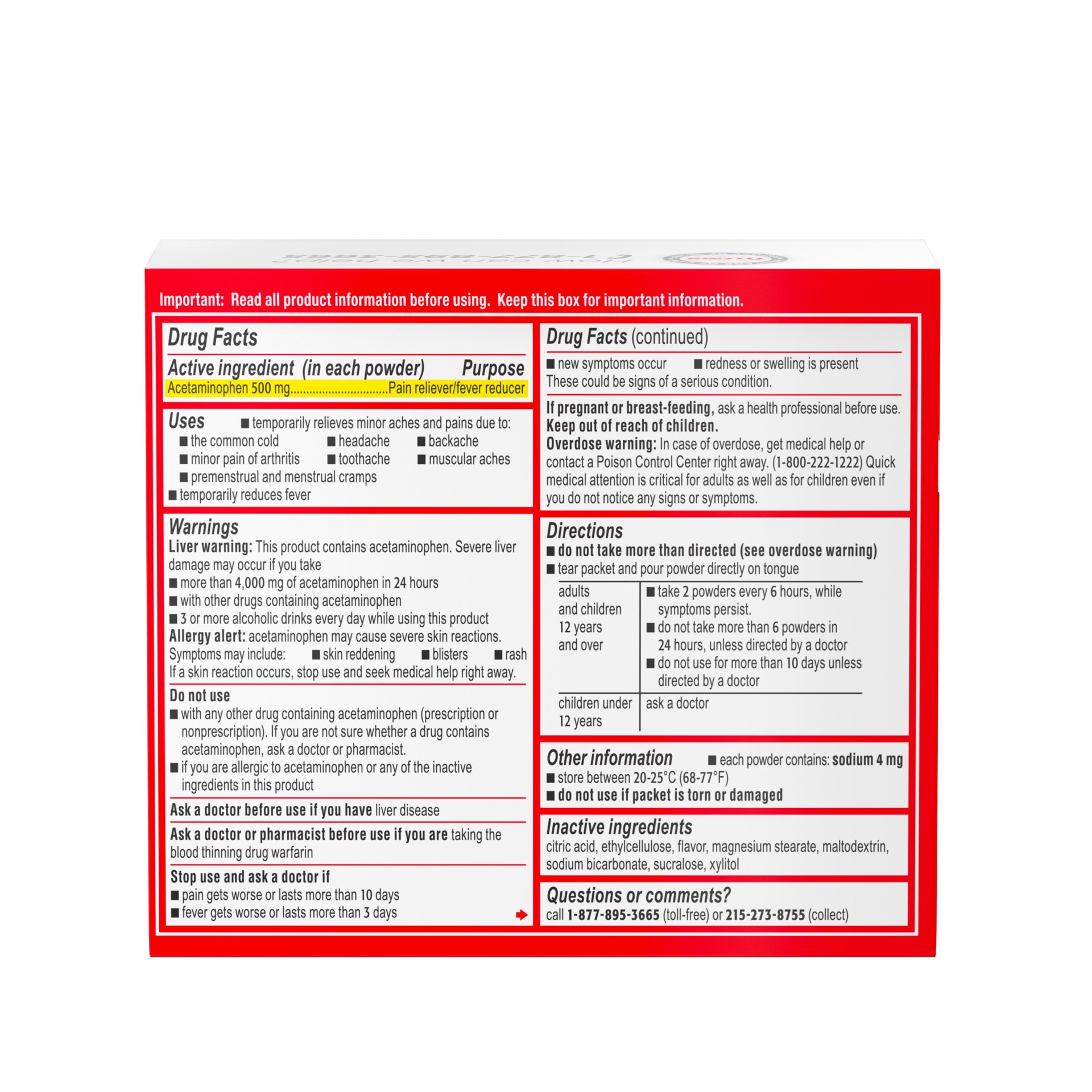 slide 3 of 9, Tylenol Extra Strength Dissolve Packs, 500 mg Acetaminophen Pain Reliever & Fever Reducer, On-the-Go Powder Packets for Minor Aches & Pains, Ibuprofen- & Aspirin-Free, Berry Flavor, 32 ct, 32 ct