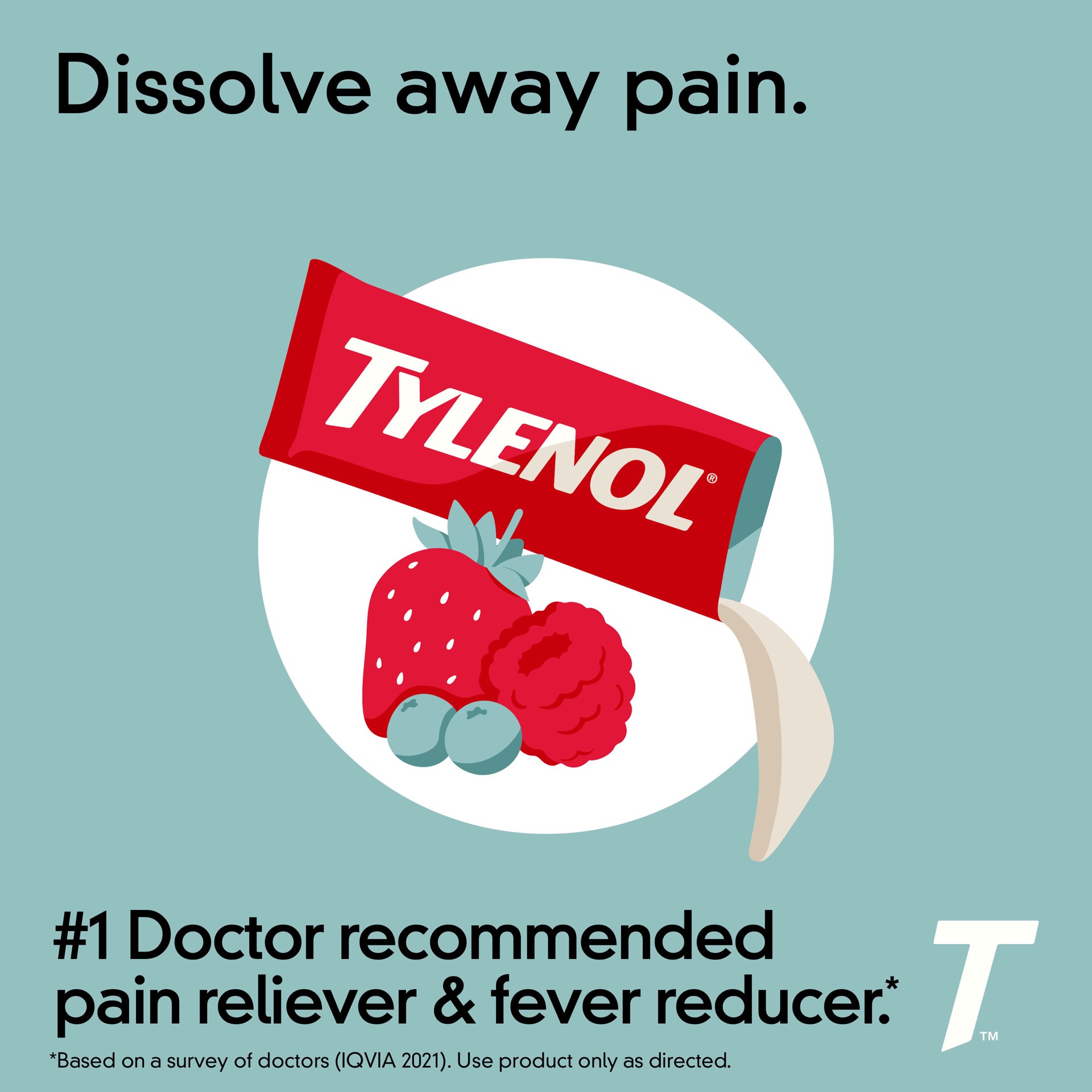 slide 7 of 9, Tylenol Extra Strength Dissolve Packs, 500 mg Acetaminophen Pain Reliever & Fever Reducer, On-the-Go Powder Packets for Minor Aches & Pains, Ibuprofen- & Aspirin-Free, Berry Flavor, 32 ct, 32 ct