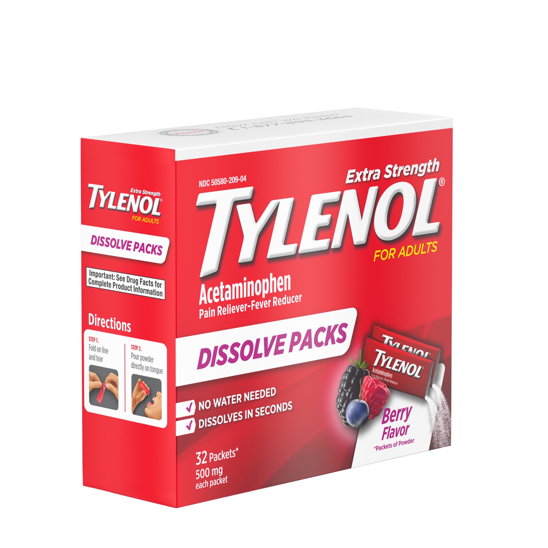 slide 2 of 9, Tylenol Extra Strength Dissolve Packs, 500 mg Acetaminophen Pain Reliever & Fever Reducer, On-the-Go Powder Packets for Minor Aches & Pains, Ibuprofen- & Aspirin-Free, Berry Flavor, 32 ct, 32 ct