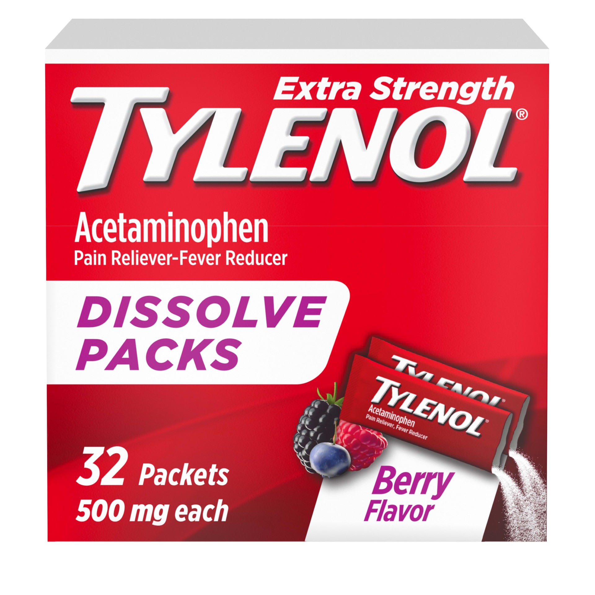 slide 1 of 9, Tylenol Extra Strength Dissolve Packs, 500 mg Acetaminophen Pain Reliever & Fever Reducer, On-the-Go Powder Packets for Minor Aches & Pains, Ibuprofen- & Aspirin-Free, Berry Flavor, 32 ct, 32 ct