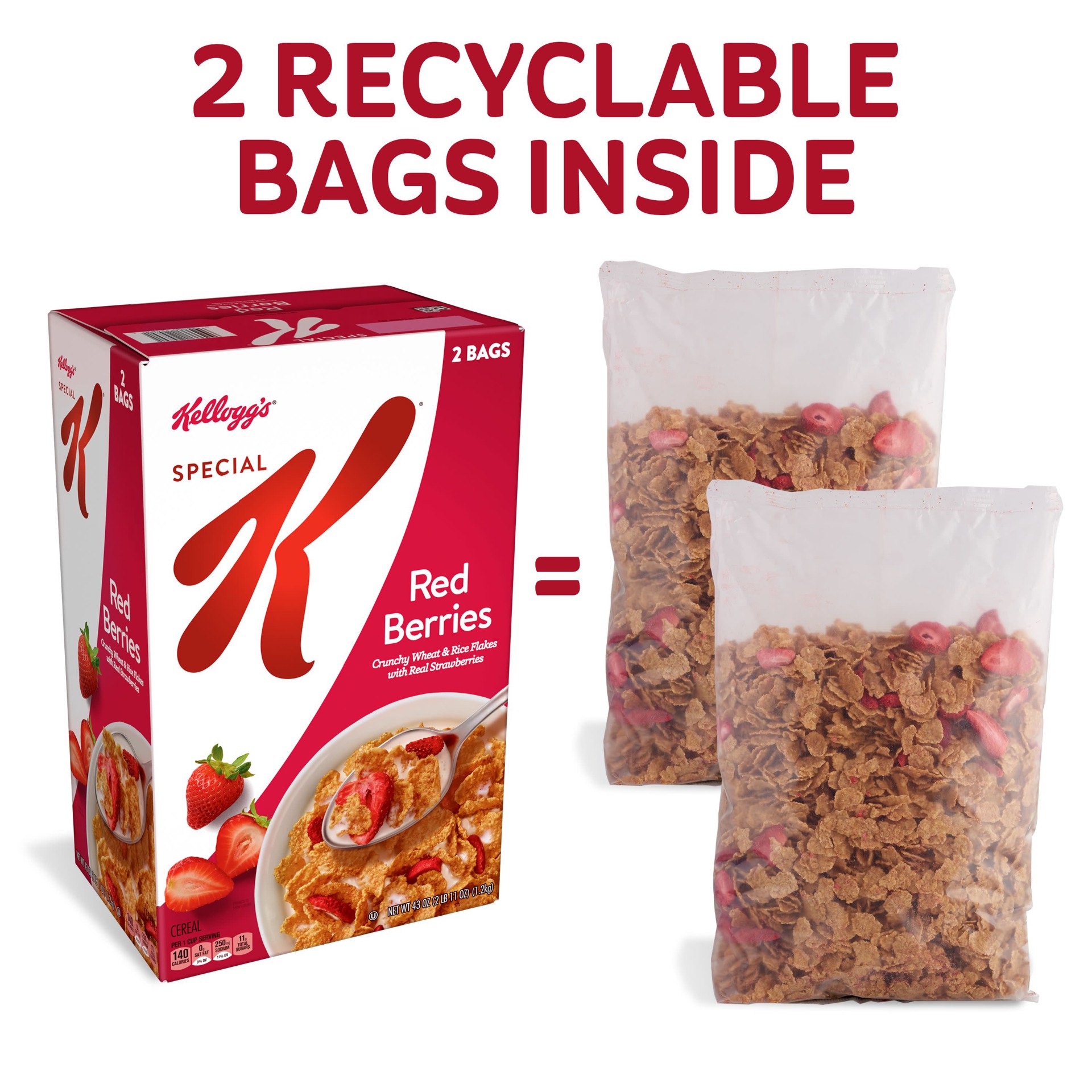 slide 5 of 5, Special K Kellogg's Special K Breakfast Cereal, Family Breakfast, Fiber Cereal, Red Berries, 43oz Box, 2 Bags, 43 oz