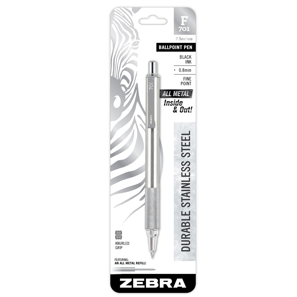 slide 1 of 1, Zebra Fine Point Retractable Stainless Steel Black Ink Ball Point Pen, 1 ct