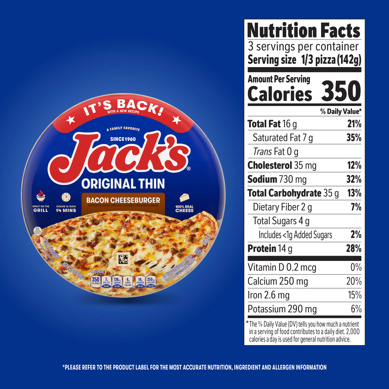 slide 2 of 8, Jack's Jack’s Original Thin Bacon Cheeseburger Pizza, Thin Crust, Cheese Pizza, Frozen, 15 oz