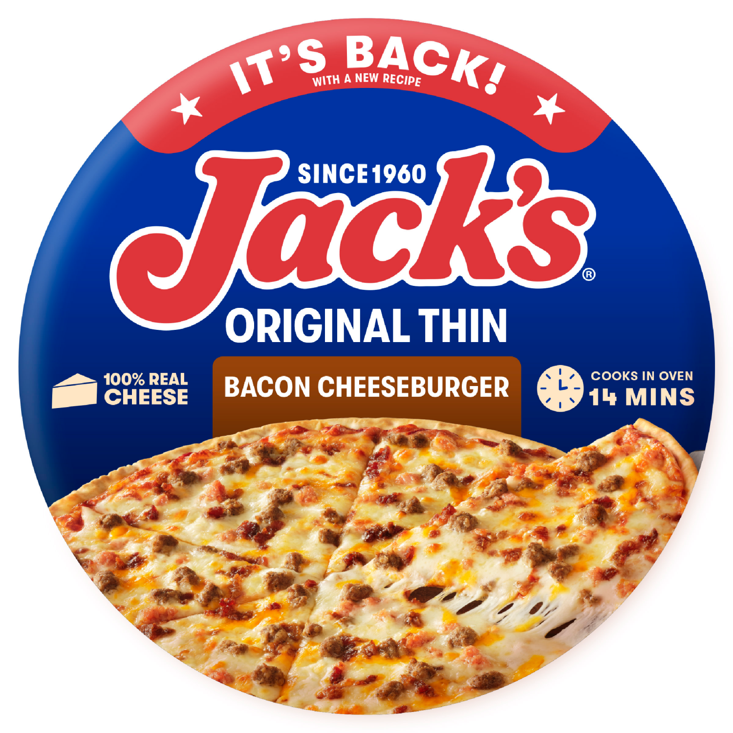 slide 1 of 8, Jack's Jack’s Original Thin Bacon Cheeseburger Pizza, Thin Crust, Cheese Pizza, Frozen, 15 oz