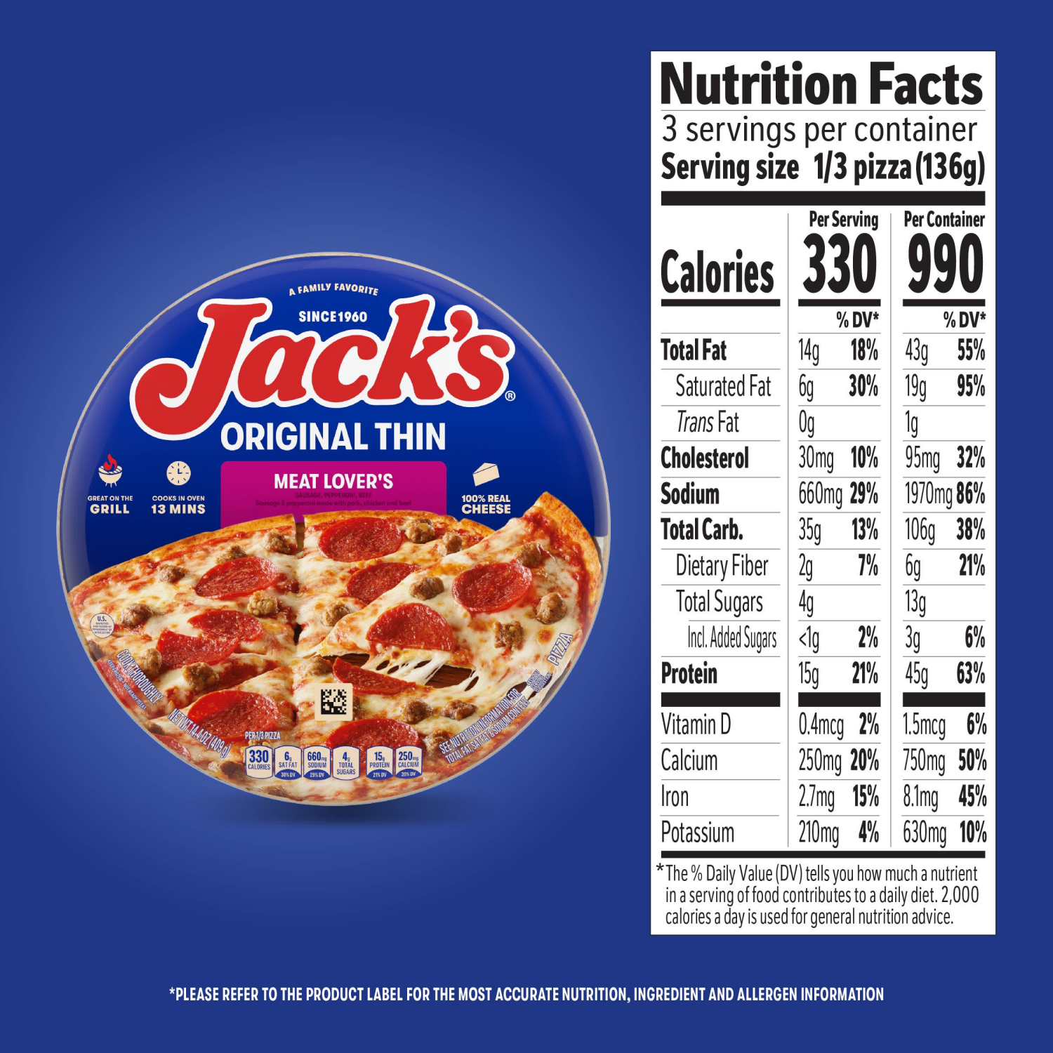 slide 2 of 8, Jack's Jack’s Frozen Pizza, Original Thin Crust Meat Lover’s Pizza, Beef, Sausage, Pepperoni Pizza, 12in,14.4oz (Frozen), 14.4 oz