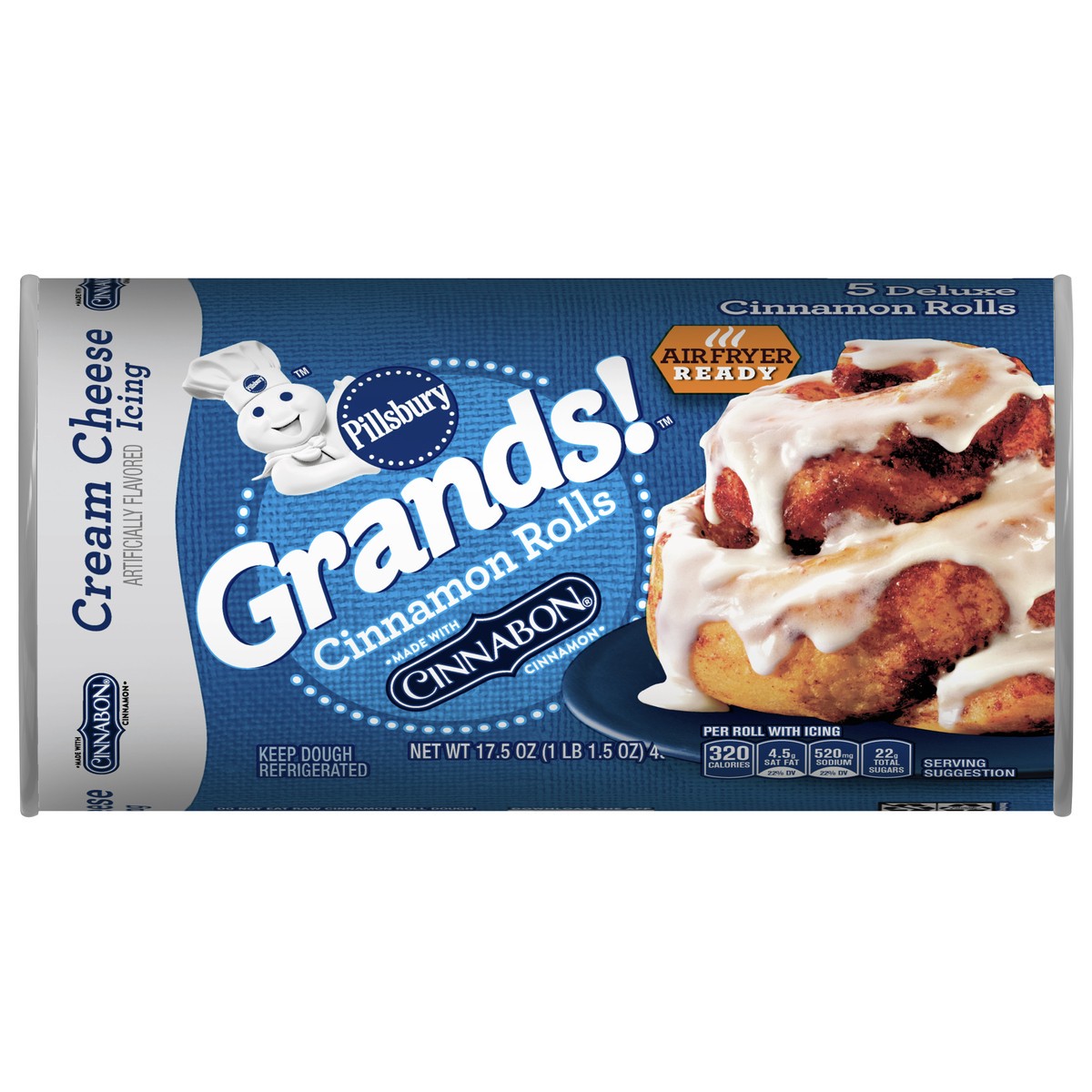 slide 12 of 14, Pillsbury Flaky Grands! Cinnamon Rolls with Cinnabon Cinnamon and Cream Cheese Icing, Refrigerated Canned Pastry Dough, 5 ct, 17.5 oz, 5 ct