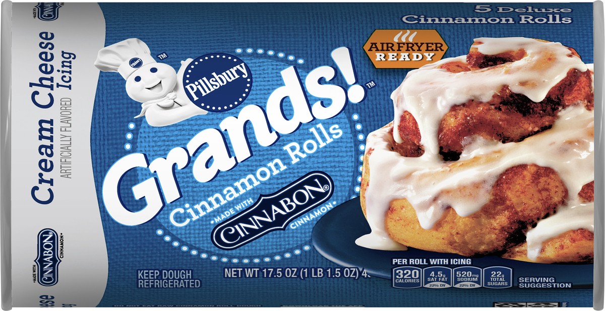 slide 3 of 14, Pillsbury Flaky Grands! Cinnamon Rolls with Cinnabon Cinnamon and Cream Cheese Icing, Refrigerated Canned Pastry Dough, 5 ct, 17.5 oz, 5 ct