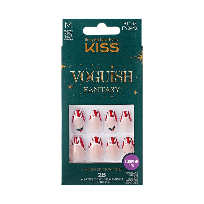 slide 1 of 7, KISS Voguish Fantasy Holiday Press-On Nails, Red, Medium Length, Coffin Shaped, 31 Ct., 1 ct