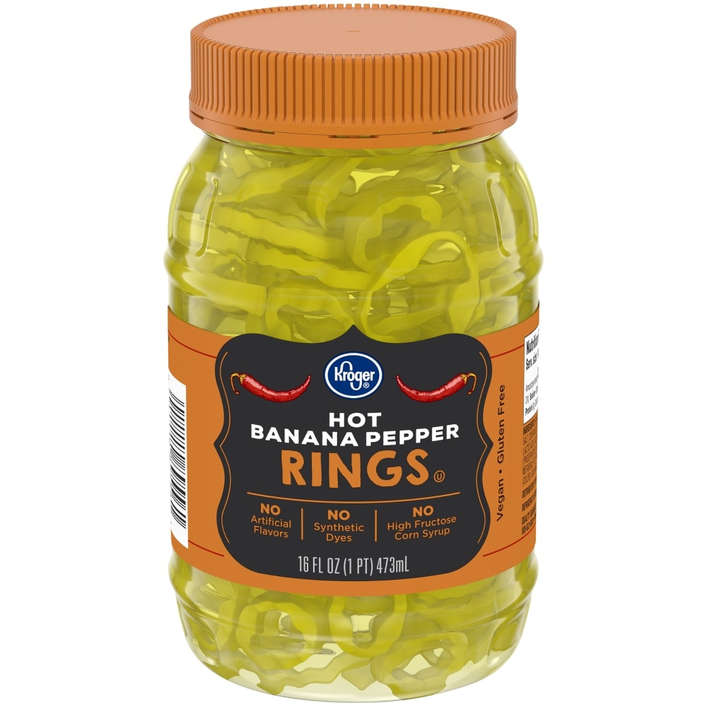 slide 1 of 1, Kroger Hot Banana Pepper Rings, 16 fl oz