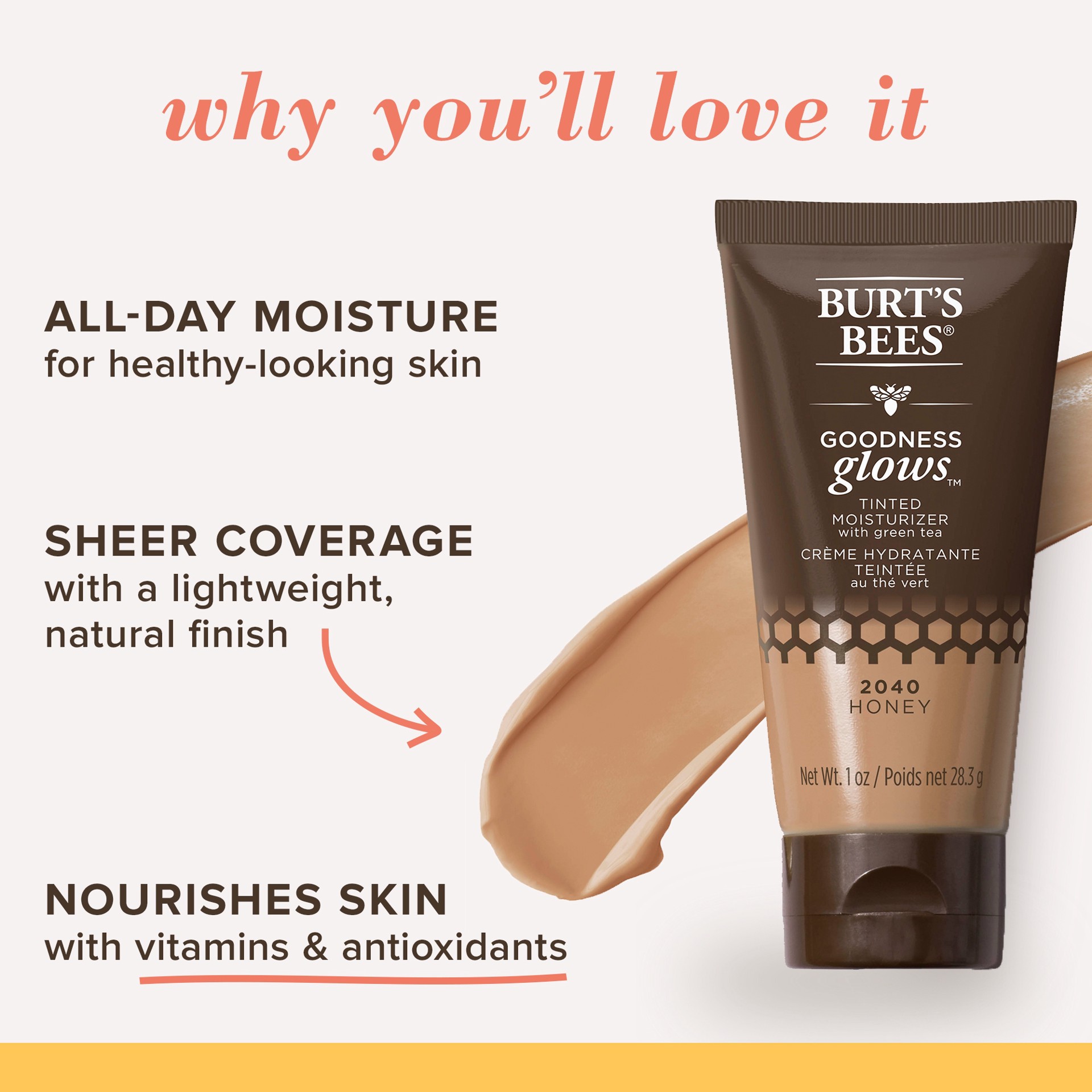 slide 2 of 5, Burt's Bees Goodness Glows™ Tinted Moisturizer, Rich in Antioxidants, Honey – 1.0 Ounce, 1 oz