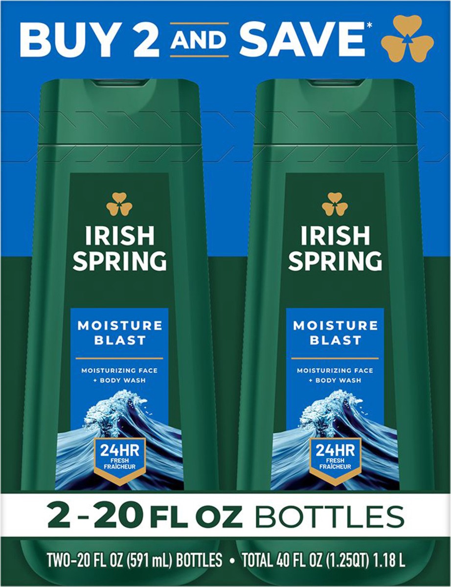 slide 2 of 7, Irish Spring Moisture Blast Moisturizing Face + Body Wash 2 - 20 fl oz Bottles, 40 fl oz