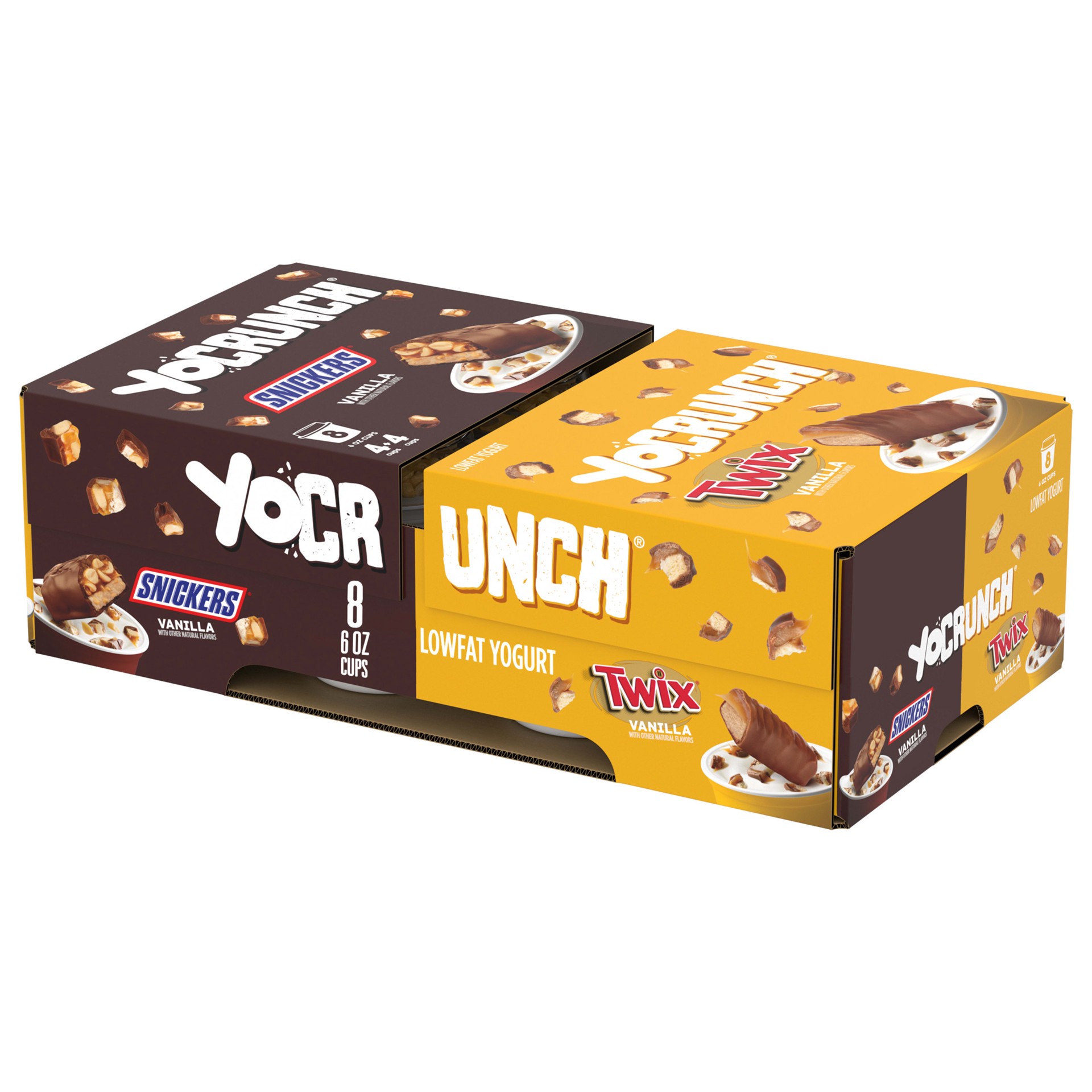 slide 1 of 9, YoCrunch Low Fat Yogurt Variety Pack, Vanilla Yogurt with Snickers and Twix, 6 oz., 8 Pack, 6 oz