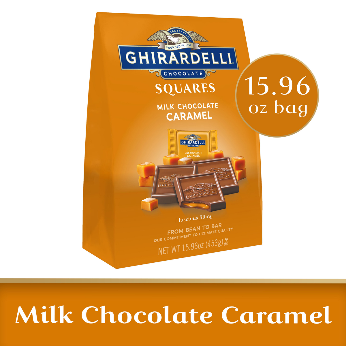 slide 1 of 6, GHIRARDELLI Milk Chocolate Squares with Caramel Filling, 15.96 oz Bag, 15.96 oz