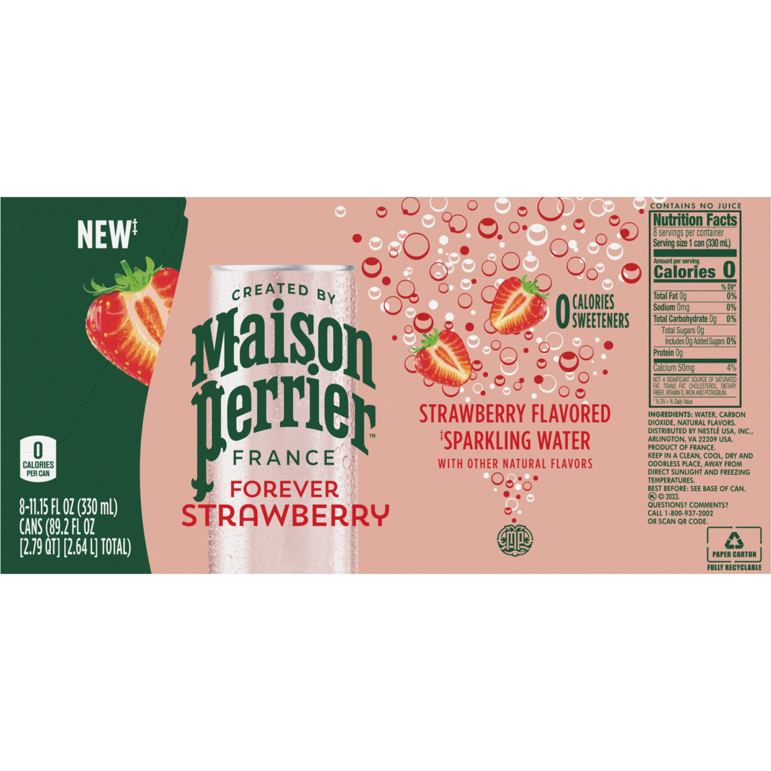 slide 3 of 8, Maison Perrier Forever Strawberry Flavored Sparkling Water, 11.15 FL OZ Cans, 8 Count 330 ml, 8 ct