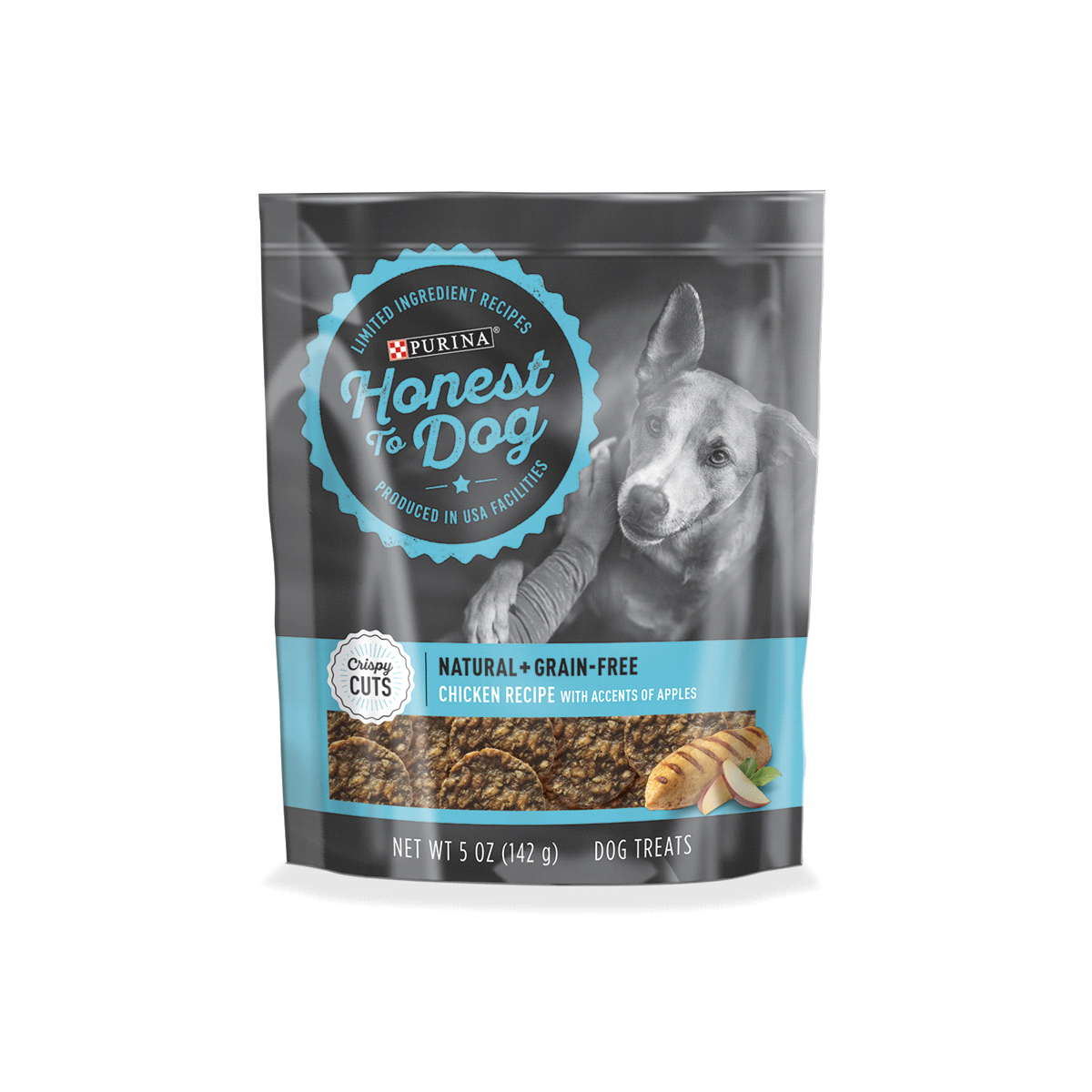 slide 1 of 1, Honest to Dog Crispy Cuts Chicken Recipe Accented with Apples Dog Treats Pouch, 5 oz