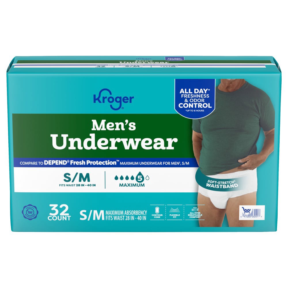 slide 1 of 1, Kroger® Men's Maximum Absorbency Underwear - Small / Medium, 32 ct