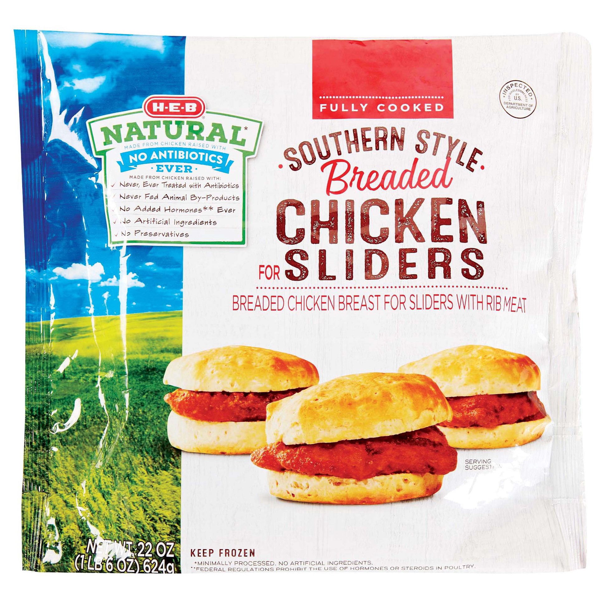 slide 1 of 1, H-E-B Natural Breaded Chicken Sliders, 22 oz