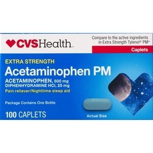 slide 1 of 1, CVS Health Extra Strength Acetaminophen Pm Pain Reliever/Nighttime Sleep Aid Caplets, 100 Ct, 100 ct