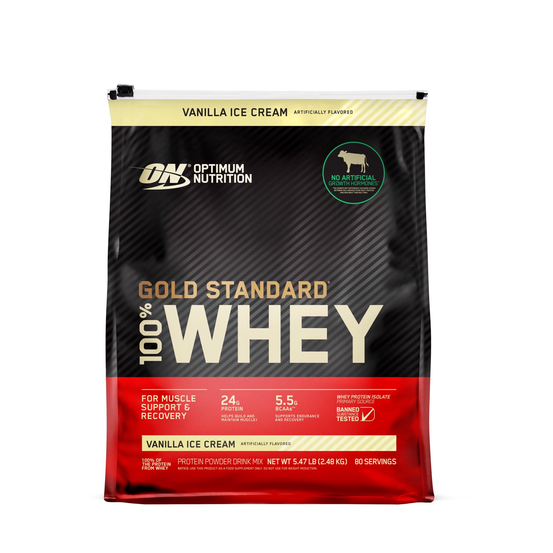 slide 1 of 2, Optimum Nutrition Gold Standard 100% Whey Protein Powder, Vanilla Ice Cream, 5.47 lbs, 