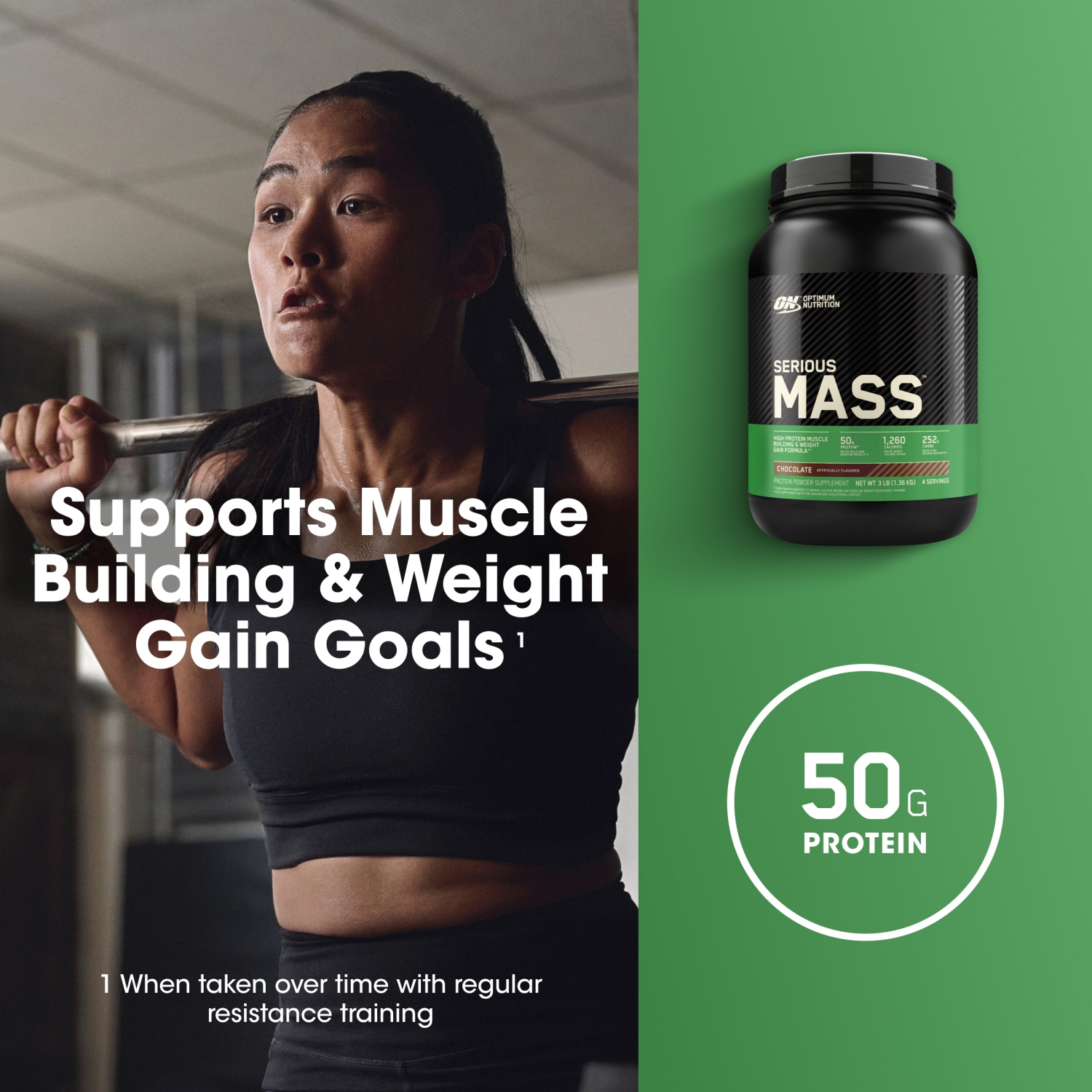 slide 6 of 8, Optimum Nutrition Serious Mass Chocolate Powder, 3 lb