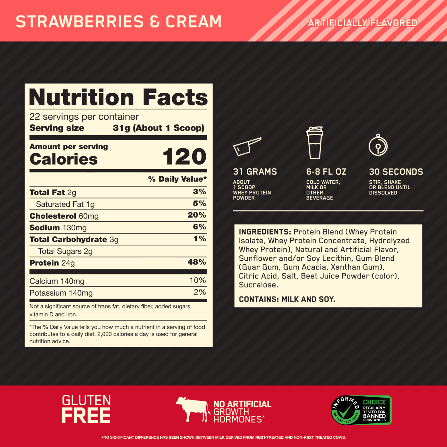 slide 5 of 5, Optimum Nutrition Gold Standard 100% Whey Strawberries & Cream Protein, 1.5 lb