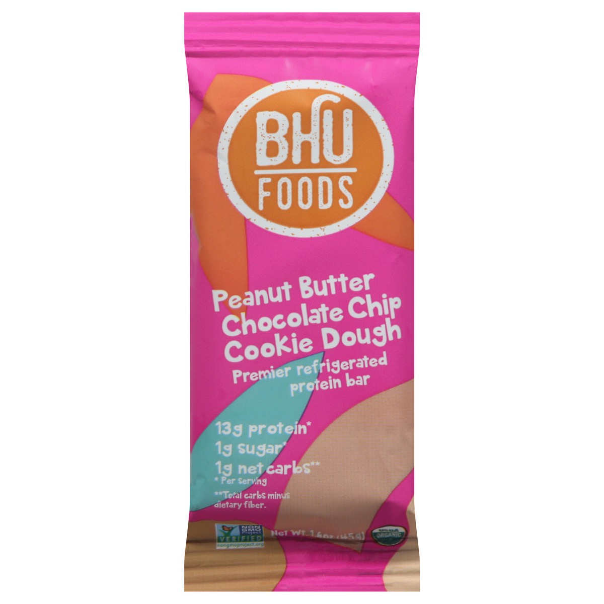 slide 1 of 9, BHU Foods Peanut Butter Chocolate Chip Cookie Dough Protein Bar 1.6 oz, 1.6 oz