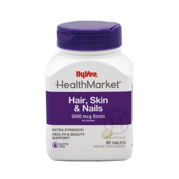 slide 1 of 1, Hy-Vee Health Market Hair, Skin & Nails 5000Mcg Tablets, 90 ct