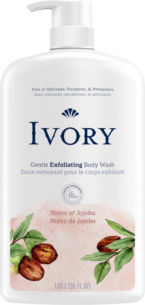 slide 5 of 7, Ivory Gentle Exfoliating Body Wash, Notes of Jojoba Scent, 35oz, 35 fl oz