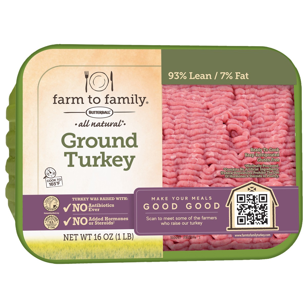 slide 2 of 9, Butterball 93% Lean/7% Fat All Natural Ground Turkey 16 oz, 1 lb