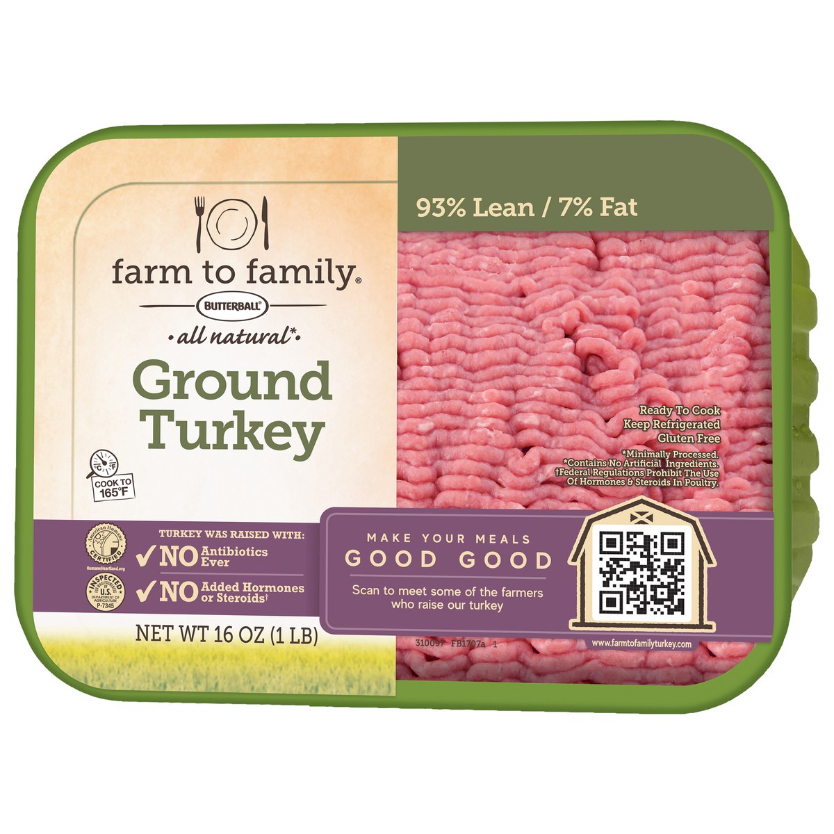 slide 3 of 9, Butterball 93% Lean/7% Fat All Natural Ground Turkey 16 oz, 1 lb